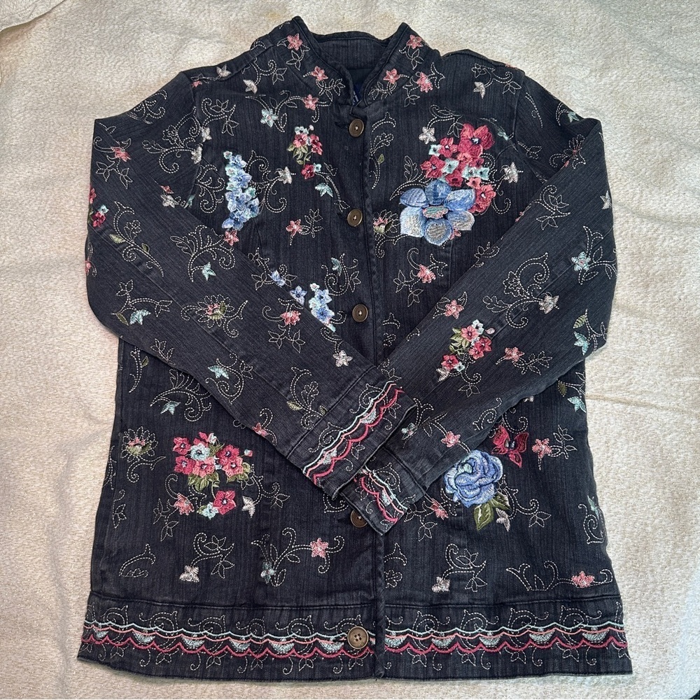 Denim&Co Dark Jean Jacket with Colorful Embroidery